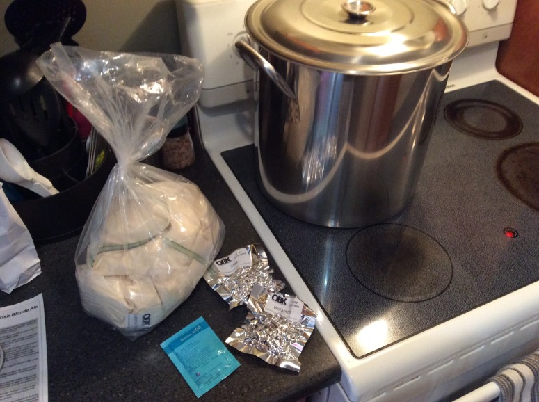 My kettle, hops, yeast and mix on my stove top